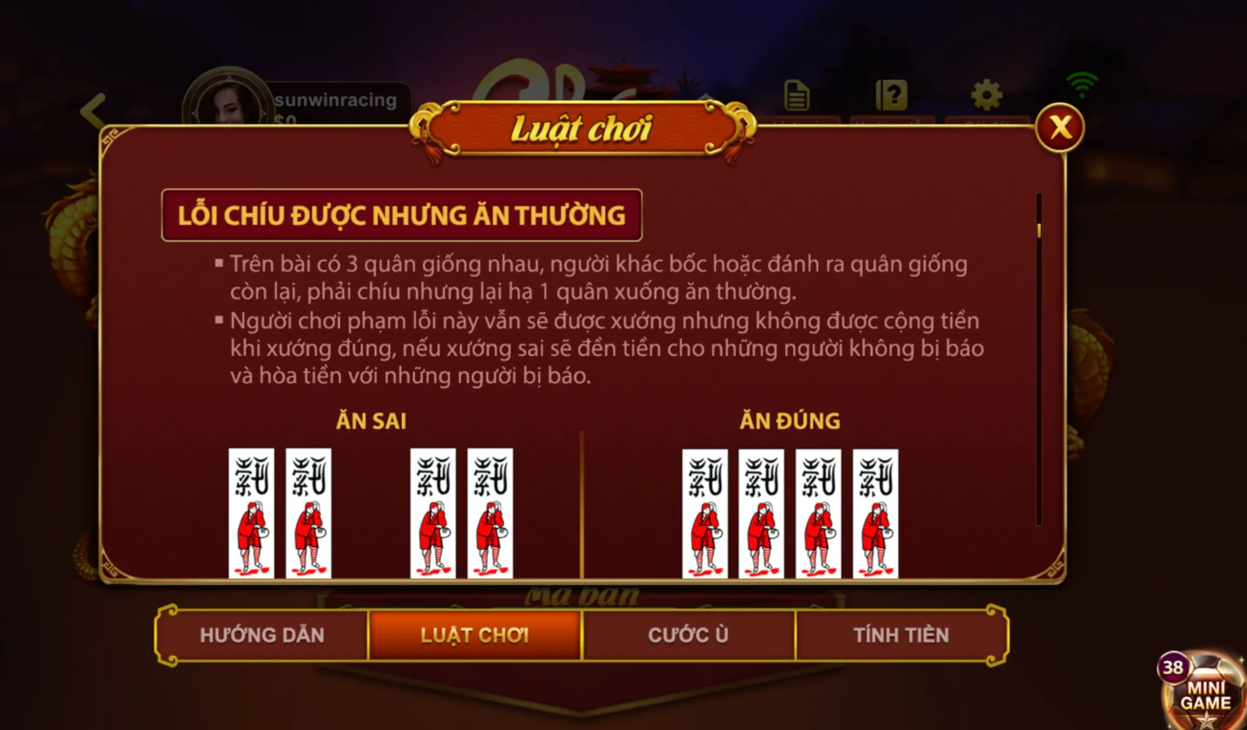 17 trường hợp tính lỗi trong game bài Chắn Sunwin